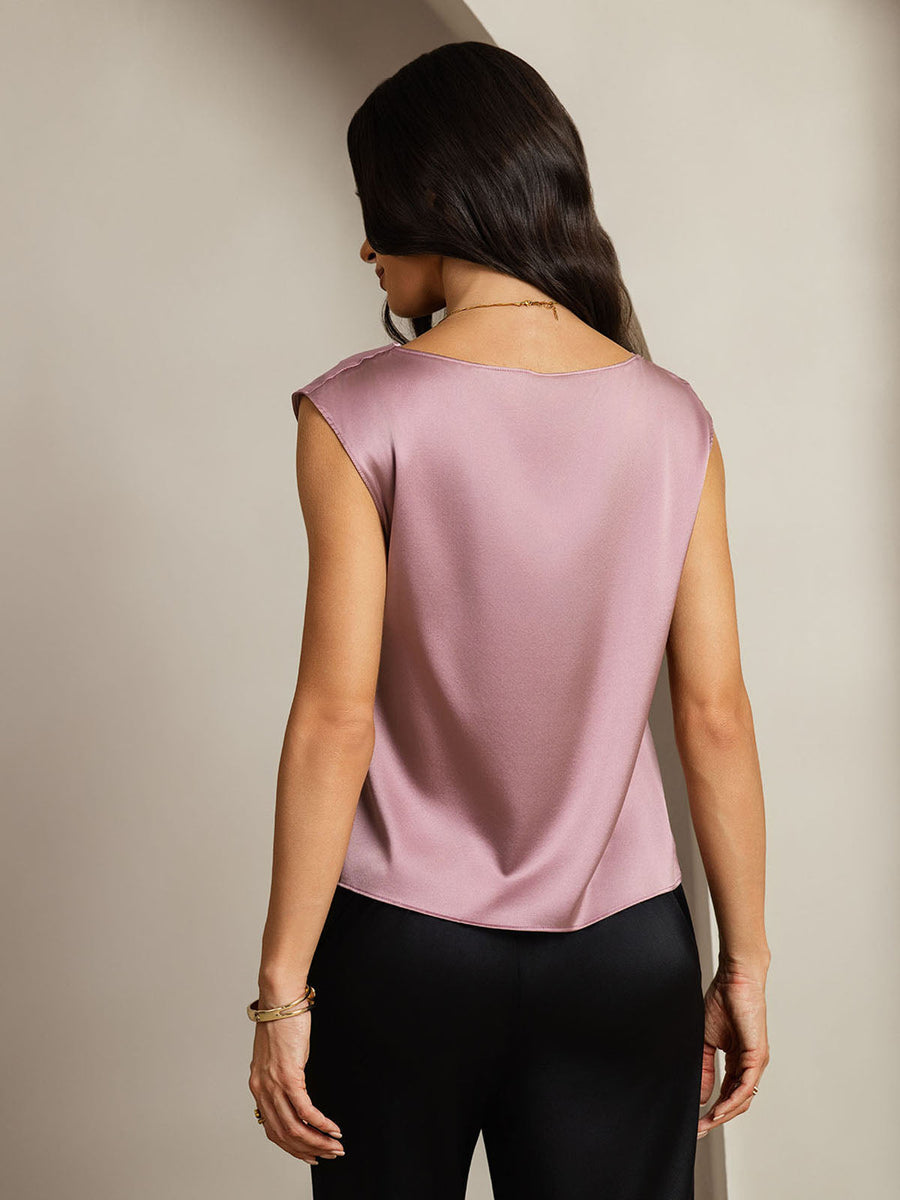 Women's mulberry silk cap sleeve cowl neck top in dusty rose.