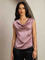 Women's 19Momme mulberry silk cap sleeve cowl neck top in a soft lavender shade.