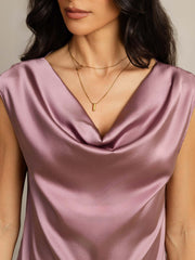 Women's mulberry silk cap sleeve cowl neck top in a soft lavender color.