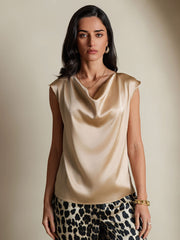 Champagne 19Momme mulberry silk cap sleeve cowl neck women's top.