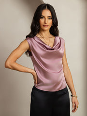 Pale mauve 19Momme mulberry silk cap sleeve cowl neck women's top.