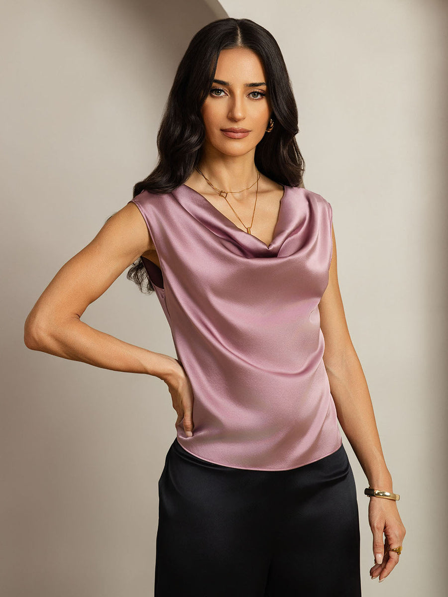 Pale mauve 19Momme mulberry silk cap sleeve cowl neck women's top.