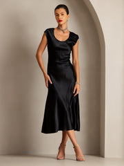 Black 19Momme mulberry silk cap sleeve round neck midi dress.