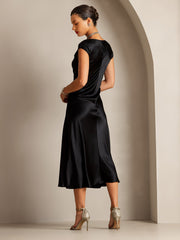 Black 19Momme mulberry silk cap sleeve round neck midi dress.