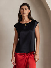 Black 19Momme mulberry silk cap sleeve round neck women's top.