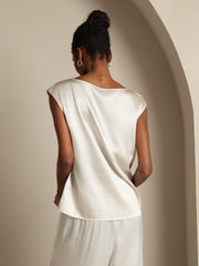 Women's ivory 19 Momme mulberry silk cap sleeve round neck top.