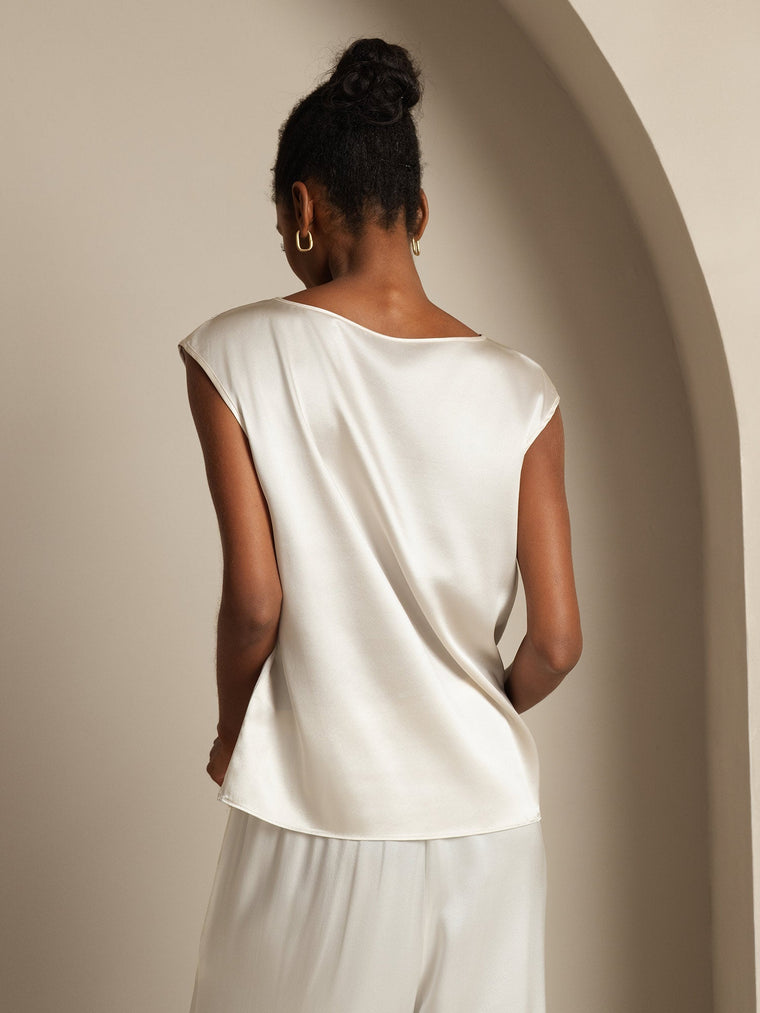 Women's ivory 19 Momme mulberry silk cap sleeve round neck top.