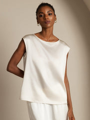 Women's ivory 19 Momme mulberry silk cap sleeve round neck top.