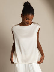 Women's ivory 19 Momme mulberry silk cap sleeve round neck top.