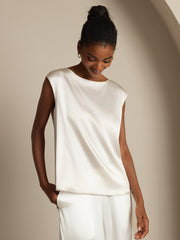 White 19Momme mulberry silk cap sleeve round neck women's top.