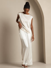 Women's ivory mulberry silk cap sleeve round neck top and wide-leg pants.
