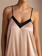 Women's 19 Momme mulberry silk contrast V-neck spaghetti strap midi dress in blush pink and black.