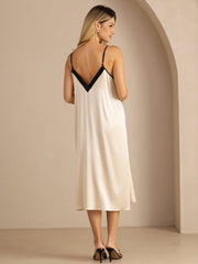 Women's 19 Momme mulberry silk contrast V-neck midi dress in ivory with black spaghetti straps.