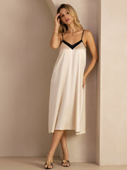 19Momme mulberry silk contrast V-neck midi dress in cream with black spaghetti straps.