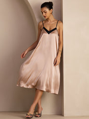 Tuscany 19Momme mulberry silk contrast V-neck spaghetti strap midi dress.