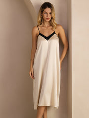 Women's 19Momme mulberry silk contrast V-neck spaghetti strap midi dress in brown rice.