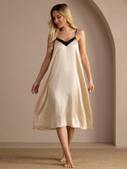 Women's 19Momme mulberry silk contrast V-neck spaghetti strap midi nightgown in brown rice.