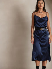 Women's navy 19 Momme mulberry silk cowl neck camisole top and skirt set with black belt.