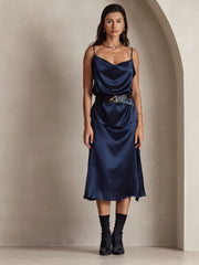 Women's navy 19Momme mulberry silk cowl neck camisole top and skirt set with black belt.