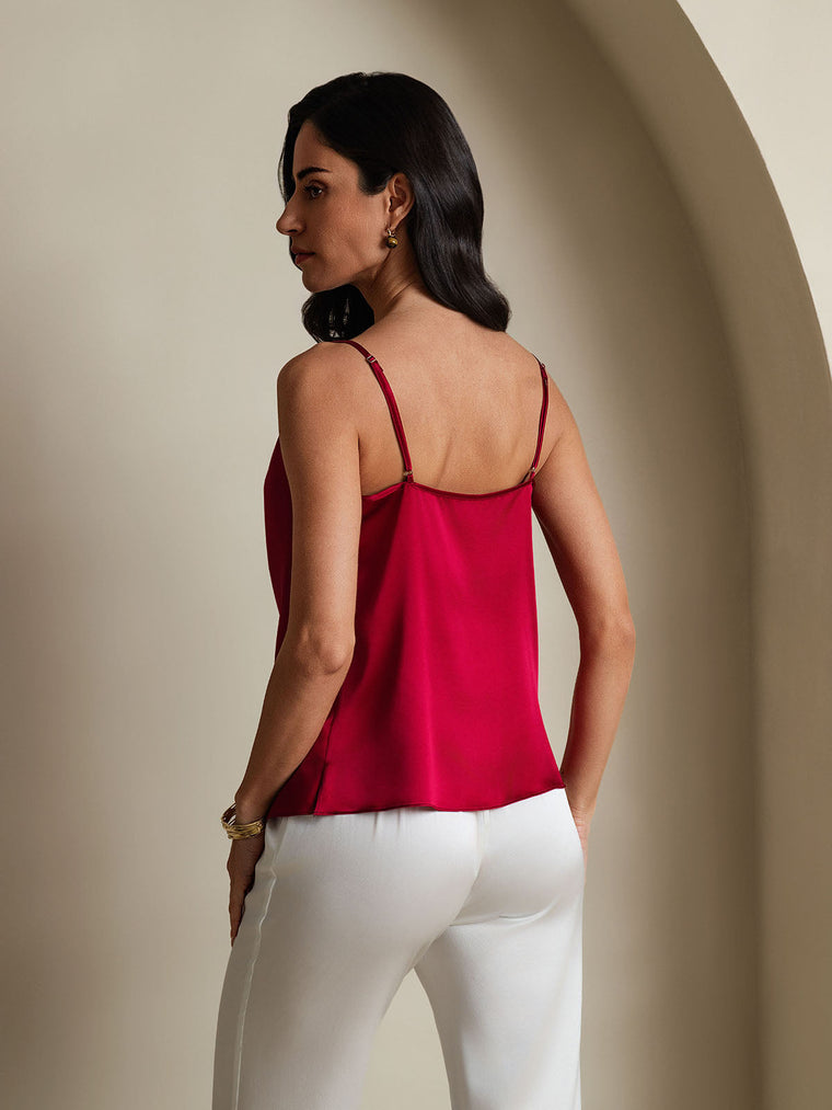 Women's red 19 Momme mulberry silk cowl neck camisole top with spaghetti straps.