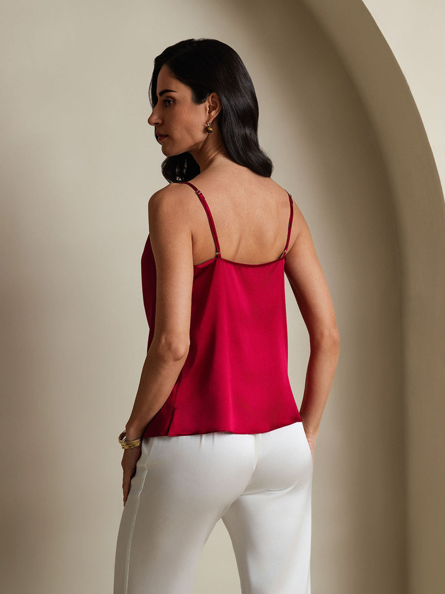 Women's red 19 Momme mulberry silk cowl neck camisole top with spaghetti straps.