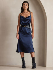 Dark blue 19Momme mulberry silk cowl neck camisole top and matching skirt on a model.