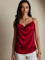 Wine red 19 Momme mulberry silk cowl neck camisole top on a woman.