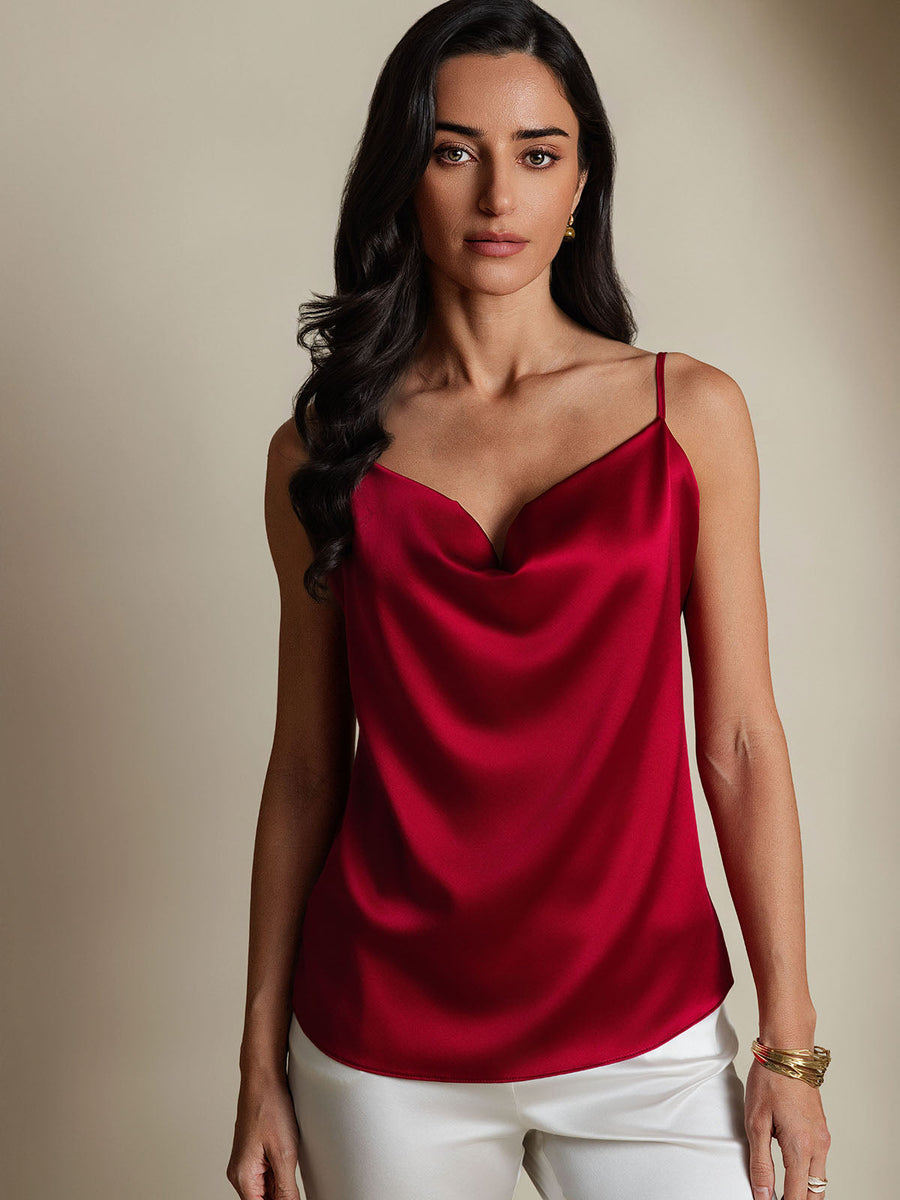 Wine red 19 Momme mulberry silk cowl neck camisole top on a woman.