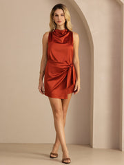 Rust 19 Momme mulberry silk cowl neck sleeveless short dress with waist tie.