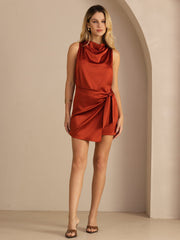 Women's rust 19 Momme mulberry silk cowl neck sleeveless short dress with waist tie.
