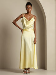 Women's 19 Momme mulberry silk cowl neck camisole and A-line maxi skirt in light yellow.