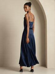 Navy 19 Momme mulberry silk cowl neck camisole top and A-line maxi skirt set.