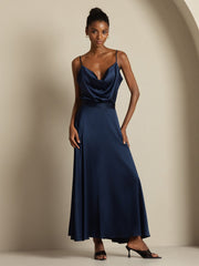 Women's navy 19 Momme mulberry silk cowl neck camisole top and A-line maxi skirt set.