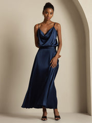 Navy 19Momme mulberry silk cowl neck camisole top and A-line maxi skirt set for women.