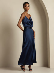 Women's navy 19 Momme mulberry silk cowl neck camisole top and A-line maxi skirt set.