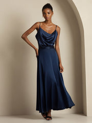 Navy 19 Momme mulberry silk cowl neck camisole top and A-line maxi skirt set.