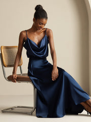Women's navy blue 19Momme mulberry silk cowl neck camisole top and A-line maxi skirt set.