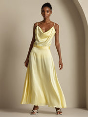 Light yellow 19 Momme mulberry silk cowl neck camisole top and A-line maxi skirt set.
