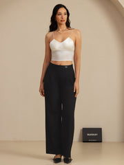 White 19 Momme mulberry silk crop top with spaghetti straps and V-neck, worn by a woman.