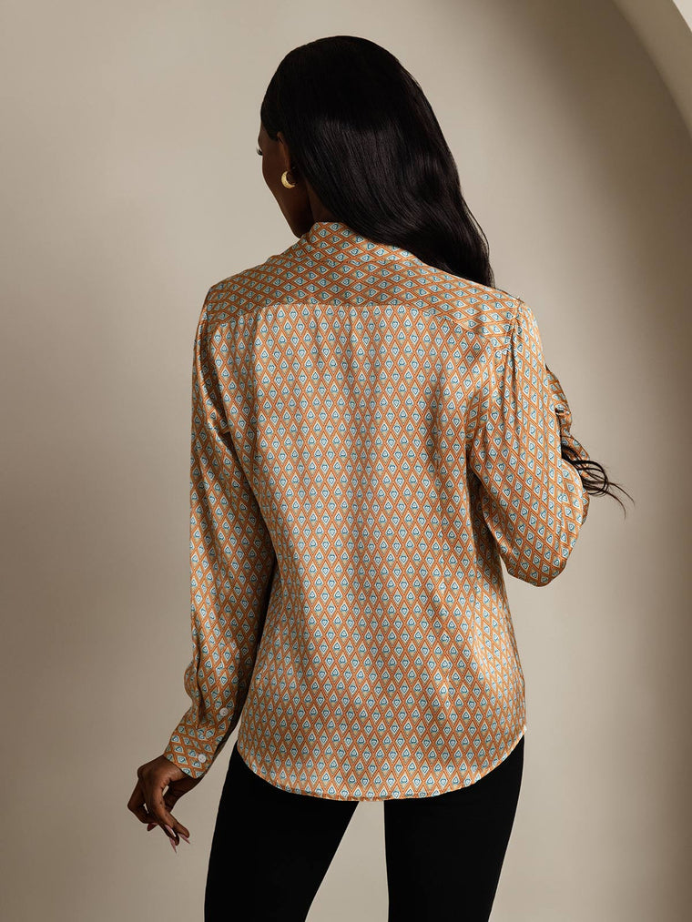 Women's 19Momme mulberry silk geometric print long sleeve lapel collar shirt in brown and blue.