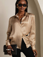 Women's 19Momme mulberry silk geometric print long sleeve lapel collar shirt in brown and blue.