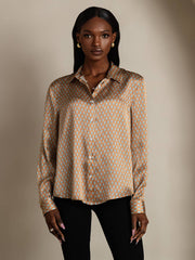 Women's 19Momme mulberry silk geometric print long sleeve lapel collar shirt in brown and blue.