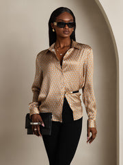 Women's 19Momme mulberry silk geometric print long sleeve lapel collar shirt.