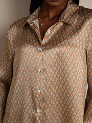 Women's 19Momme mulberry silk shirt with geometric print, long sleeves, and lapel collar.