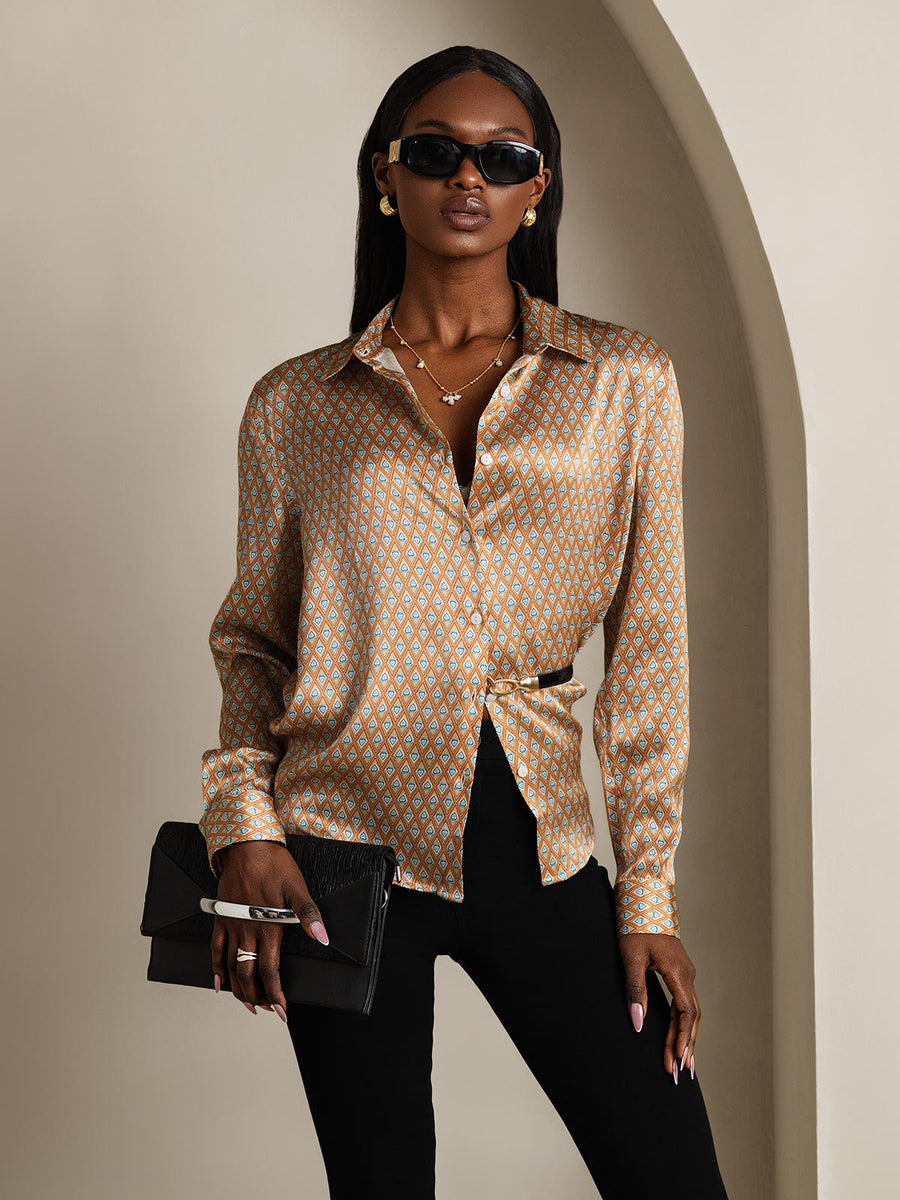 Women's 19Momme mulberry silk geometric print long sleeve lapel collar shirt in brown and blue.