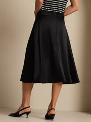Black 19Momme mulberry silk high-waist A-line midi skirt with pockets.