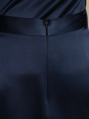 Navy blue 19Momme mulberry silk high-waist A-line midi skirt with a back zipper closure.