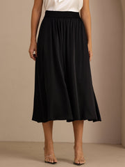 Black 19Momme silk high waist A-line pleated long skirt with side pockets.