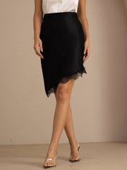 Black 19 Momme mulberry silk high waist asymmetrical lace hem skirt.