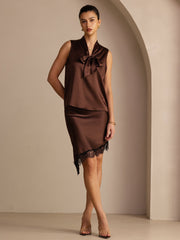 Brown 19Momme mulberry silk high waist asymmetrical lace hem skirt and matching sleeveless top.
